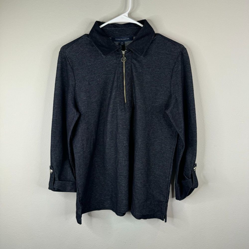 Tommy Hifiger Top Womnes S Blue/Chambray 3/4 Sleeve Quarter Zip Collar NWT - Picture 7 of 9